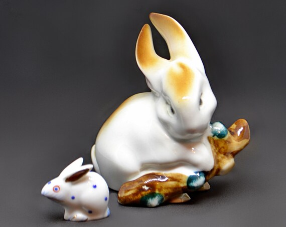 Two Hungarian Porcelain Bunny Figurines, Zsolnay, Herend