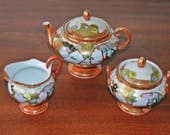 Vintage Japanese Satsuma Moriage Teapot, Creamer, And Sugar Dish, Japanese Tea Set