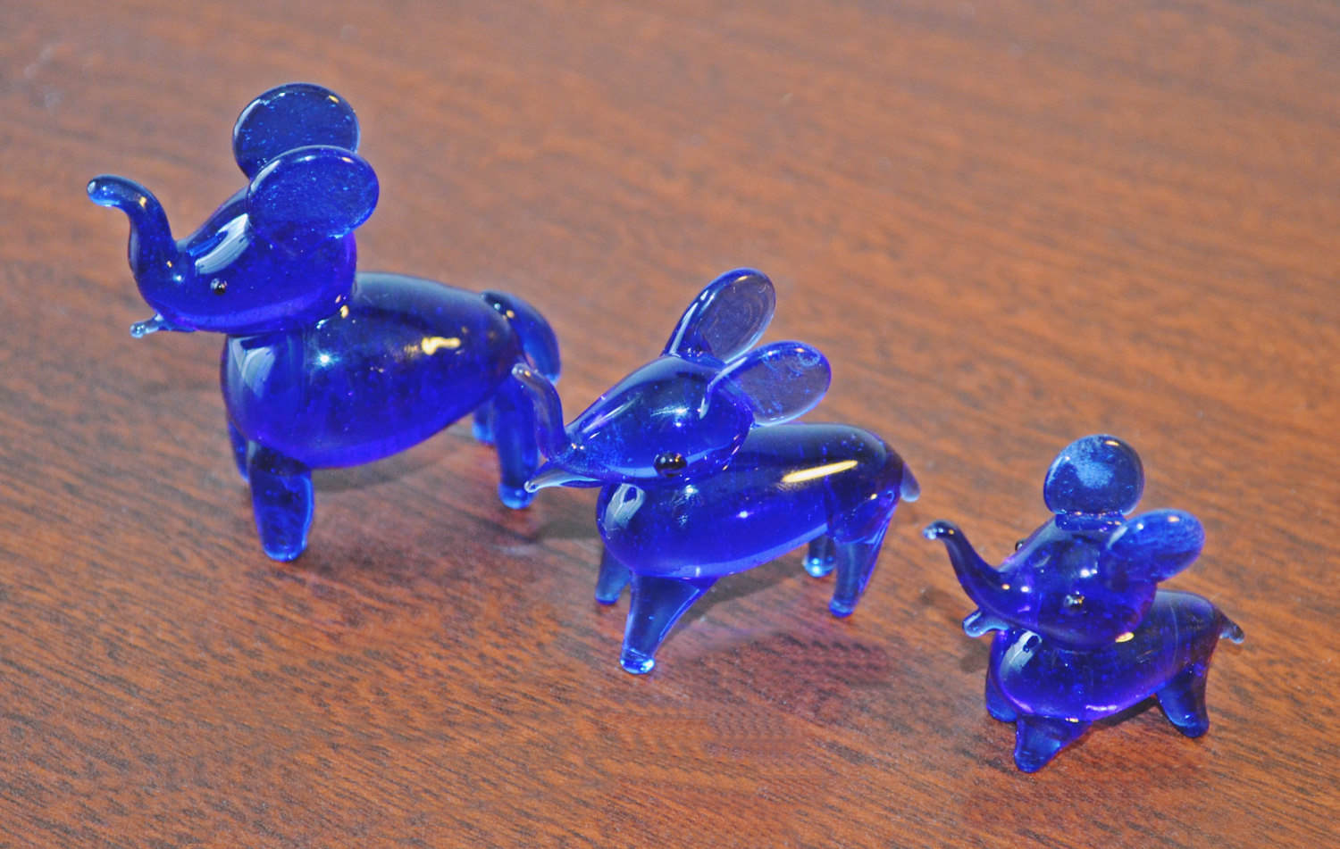 RESERVED FOR A Three Miniature Elephants, Cobalt Blue ...