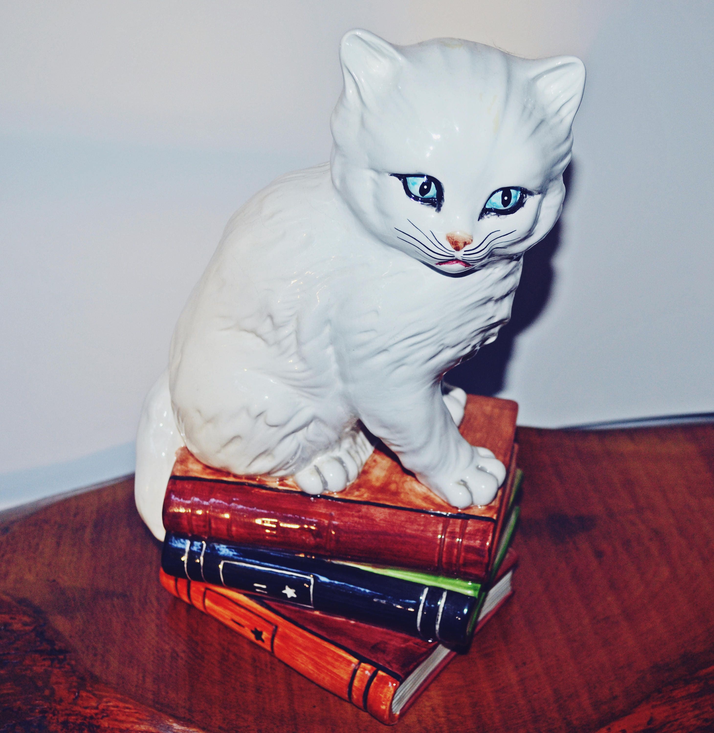 Large Ceramic  Cat  Made In Italy Cat  On Books Figurine 