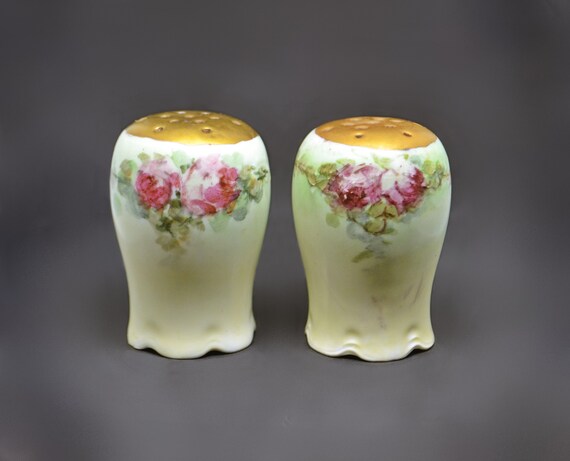 Antique JHR Hutschenreuther Bavaria Salt And Pepper Shakers, Pink Red Roses