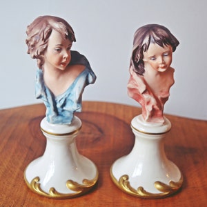 Capodimonte Pair Bust Figurines Boy and Girl with Hat on Pedestal for Ethan Allen Signed Nico Venzo Numbered