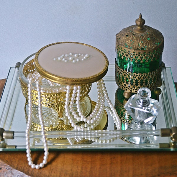Vintage Dresser Tray, Mirrored Tray With Accessories, Metal And Glass Trinket Box, Metal And Green Glass Jar, Perfume Bottle