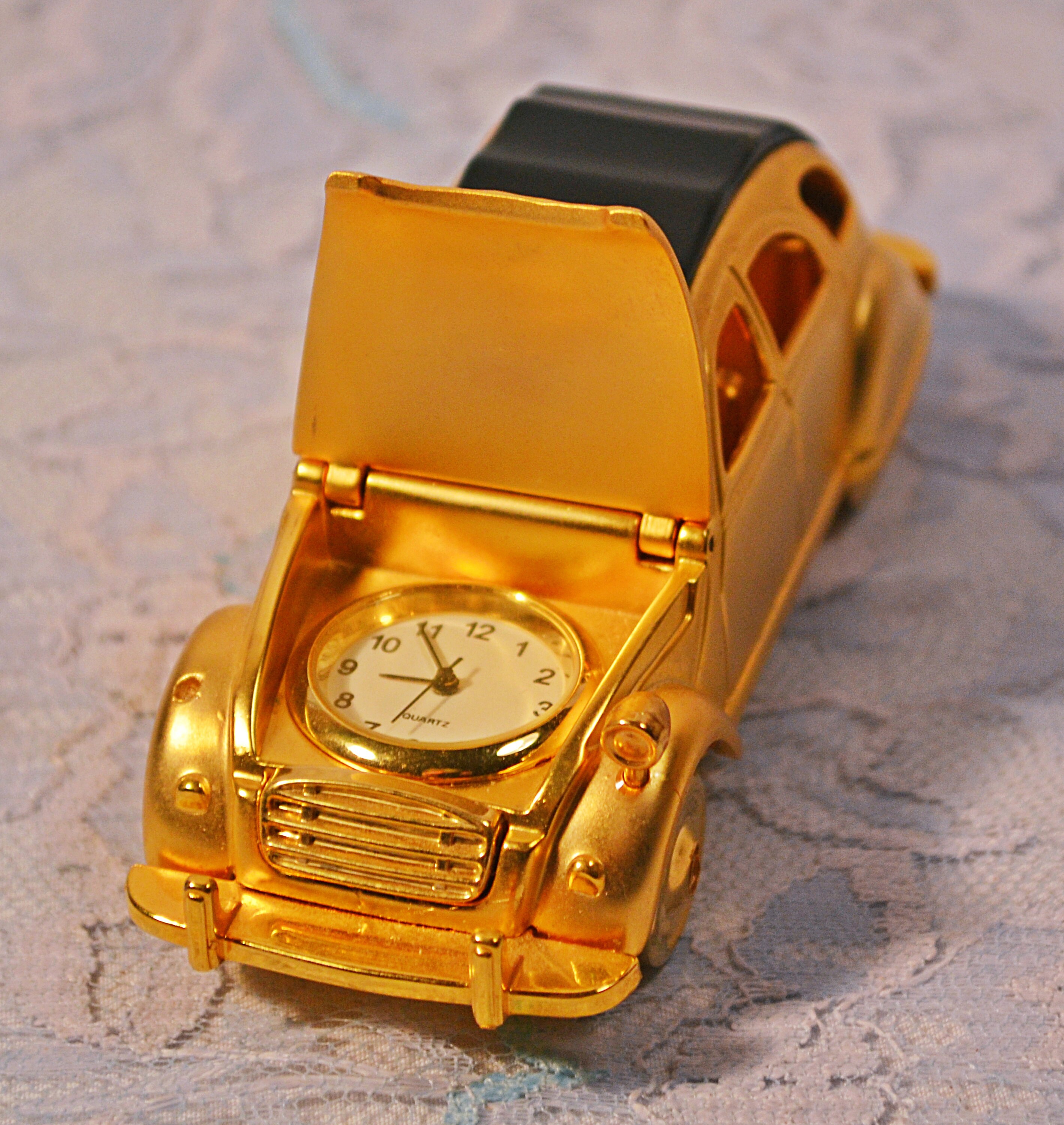 Miniature Convertible Car Clock, Brass Coloured Novelty