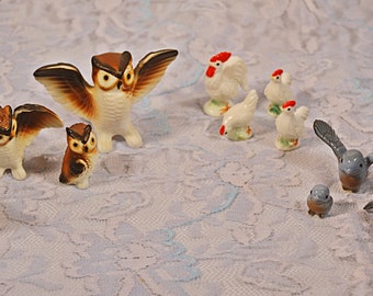 FREE SHIPPING Collection Of Miniature Bird Figurines, Vintage Miniatures, Owl, Bluebird, Turkey, Pelican