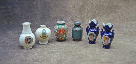 Collection Of Six Miniature Vases, Portrait Vase, Model Of Roman Crested Vase