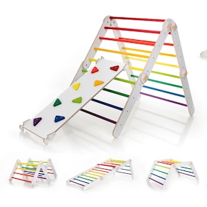 May include: A wooden rainbow climbing frame with a slide and a climbing wall. The frame can be assembled in different configurations, including a tunnel, a ramp, and a ladder. The frame is made of natural wood and is painted in bright rainbow colors.