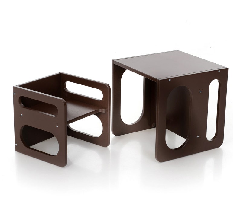 Ensemble chaise cube Montessori, ensemble table et chaise cube, table cube Montessori, meubles Montessori Dark brown