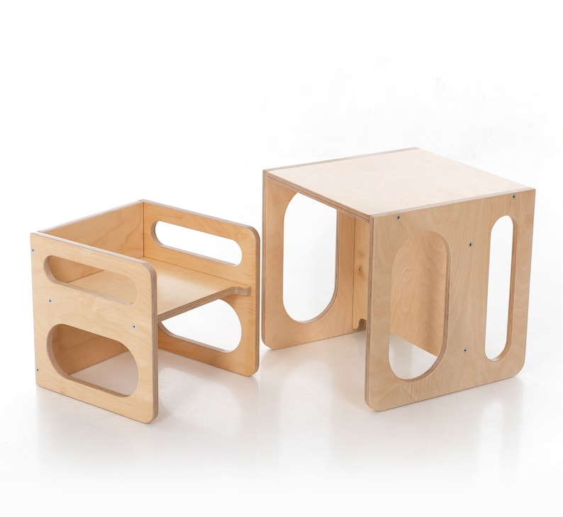 Set sedie cubo Montessori, set sedia e tavolo cubo, tavolo cubo Montessori, mobili Montessori Natural wood