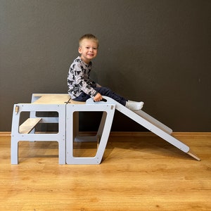 Transformable kitchen learning stool with slide, Foldable kitchen tower with blackboard, Montessori learning stool