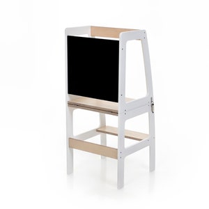 Foldable helper tower, Kitchen tower, Transformable helper tower with blackboard, Double colored White+Natural Wood