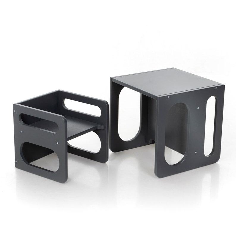 Ensemble chaise cube Montessori, ensemble table et chaise cube, table cube Montessori, meubles Montessori Anthracit grey