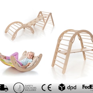 May include: Wooden climbing frame with a ladder, a bridge, and a curved archway. The frame is made of natural wood and has a light brown finish. The frame is designed for children to climb and play on. Safety anchors are included.