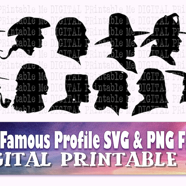 Man Profile svg, Famous Male face silhouette bundle, PNG, clip art, 12 Men, MLK Sherlock Holmes Soldier Robinhood Firefighter beard hat