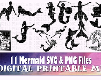 Mermaid svg, silhouette bundle, PNG, clip art, 11 Digital, Fantasy, Women, siren, illustration, drawing, graphic vector