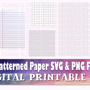 Puede incluir: Cuatro patrones de papel digital imprimibles en formato SVG y PNG. Los patrones incluyen papel rayado, papel cuadriculado, un patrón de cuadrícula y un patrón de panal.