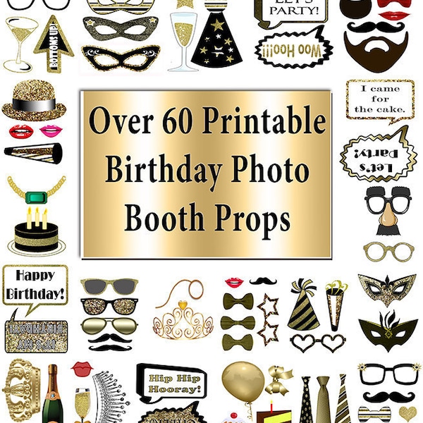 Birthday Photo Booth Props Black  Gold  60 Adult Classy Glitter Printable Instant Download party  game photo props photobooth prop