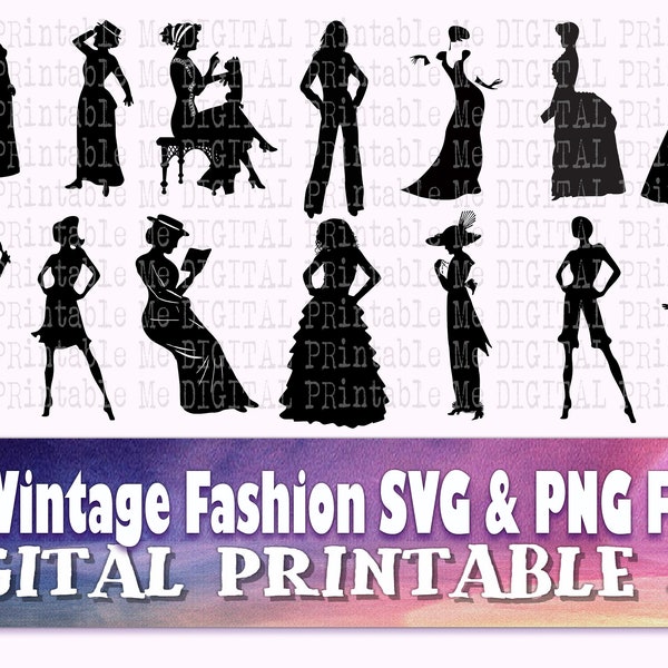 Vintage Woman svg, Historical Female silhouette bundle, PNG clip art, 14 women images, vector cut file, lady fancy dress, fashionable girl