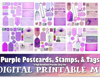 Postcards Stamps Tags, Purple Junk Journal Kit, shabby Vintage pastel lavender labels postage printable collage crafts 8.5" 11" scrapbook
