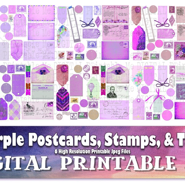 Postcards Stamps Tags, Purple Junk Journal Kit, shabby Vintage pastel lavender labels postage printable collage crafts 8.5" 11" scrapbook