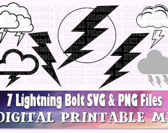 Lightning Bolt SVG, thunder cloud silhouette bundle, 7 images, PNG clip art pack, vector, cutting, flash, weather, thunderstorm