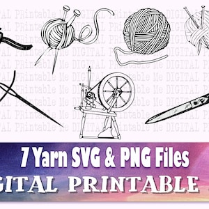 Tricoter SVG bundle, silhouette PNG, boule de fil Clip Art Pack, 7 fichiers coupés, Télécharger, crochet, roue de filature, aiguille, illustration