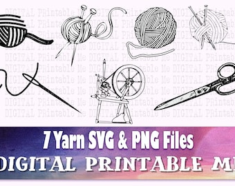 Knitting SVG bundle, silhouette PNG, ball of yarn Clip Art Pack, 7 cut files, Download, crochet, spinning wheel, needle, illustration