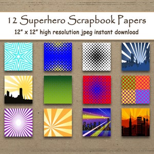 May include: Twelve 12-inch by 12-inch digital scrapbook papers featuring superhero themes. The papers include a variety of patterns, including polka dots, stripes, and cityscapes.
