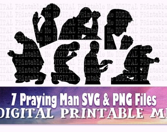 Praying Man svg, Male silhouette bundle PNG clip art, 7 Men images, vector, cut file, kneeling with bible, religious, god, boy prayer knelt
