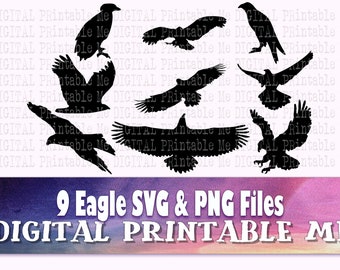 Eagle SVG, silhouette PNG, American bald eagle flying Clip Art Pack, 9 Images, Instant Download, Digital, vector, bundle, bird of prey, hawk