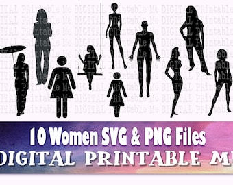 Woman svg, lady silhouette bundle, PNG clip art, 10 women full body images, vector cut file, female standing, swinging umbrella generic pose