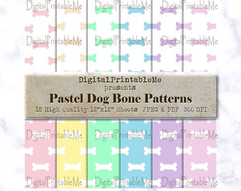 Hund Knochen Print Mix, Pastell Regenbogen weiß, Digital Paper Pack Varietät der Farben Hundeliebhaber, Scrapbook Bundle Hintergrund Welpe Haustier Junk Journal