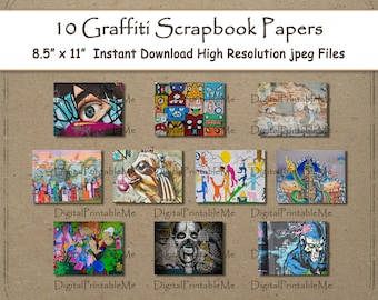Graffiti Digital Paper Print 8.5" x 11" Texture scrapbook paper  printable street art wall mural scribble graffiti words junk journal tag