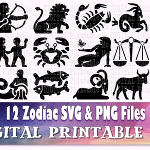 Zodiac Symbol, svg bundle, astrology silhouette pack, PNG clip art, Digital illustration, horoscope sign, star signs, sun moon