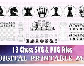 Chess Piece svg set, silhouette bundle, PNG clip art, 13 Digital files, board game, King Queen, Rook Knight, Pawn illustration, outline
