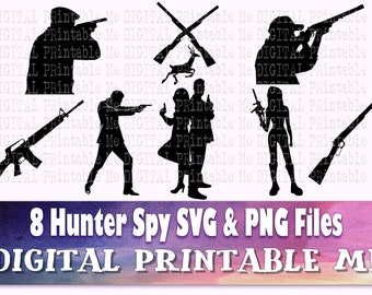 Hunter SVG, Spion Silhouette Bundle, PNG, ClipArt, 8 digitale Dateien, Geheimagenten, Pistolen, Schießen, Mann Handfeuerwaffe, Frauen Gewehr, gekreuzte Schrotflinte