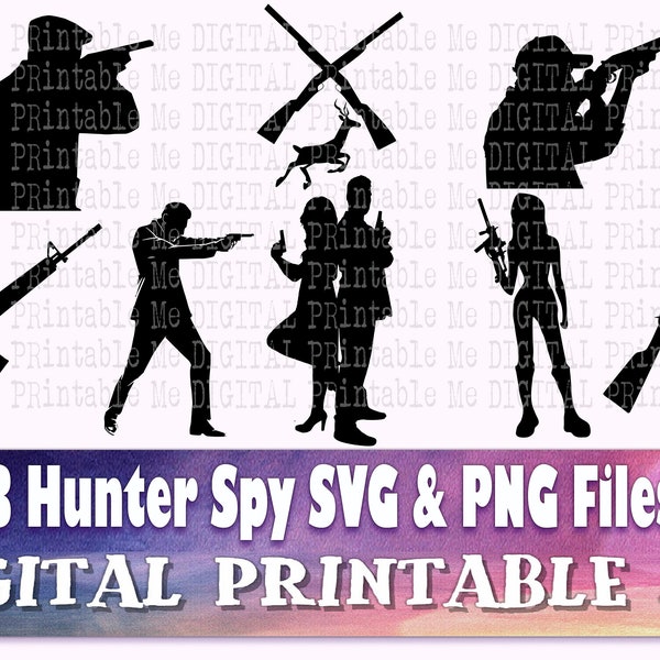 Hunter SVG,  Spy Silhouette bundle, PNG, clip art, 8 Digital files, secret agents, guns, shooting, man handgun, women rifle, crossed shotgun