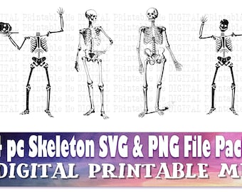 Skeleton SVG PNG 4 Images,  Clip Art Pack, Instant Download, Digital, s, anatomy, illustration, realistic, diy, Halloween bundle