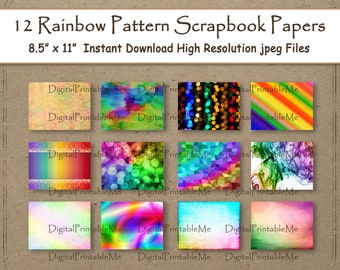 Rainbow Digital Paper 11" x 8.5" Bold Patterns Stripes Geometric scrapbook pages 12 printable, shabby chic, background  poster