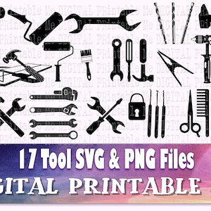 Tool svg, handyman silhouette bundle, PNG, clip art, 17 Digital images, illustration, drawing outline, drill kit, hammer nails, wrench