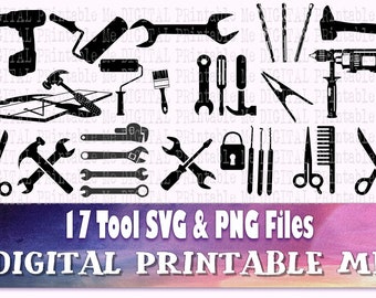 Werkzeug Svg, Handwerker Silhouette Bundle, PNG, ClipArt, 17 digitale Bilder, Illustration, Zeichnung Umriss, Bohrer Kit, Hammer Nägel, Schraubenschlüssel