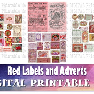 vintage Labels and Advertising, Red Rose Junk Journal, Antique Adverts, JPEG PDF printable files, collage crafts, 8.5 » 11 » scrapbook