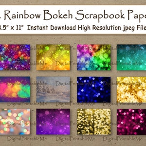 Rainbow Bokeh Digital Paper Printable 8.5&quot; x 11&quot; Multicolor Texture scrapbook paper pages glitter paper light flare background