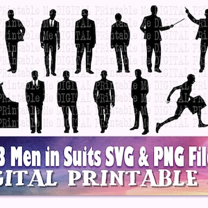 Mann im Anzug Svg, männliche Silhouette Bundle, verkleidet Männer Phantasie, Business-Figur PNG, ClipArt, 11 Bilder, geschnittene Datei, Rohr oben Hut Aktentasche