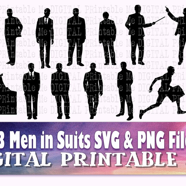 Man in Suit svg, Male silhouette bundle, dressed up men fancy, business figure PNG, clip art, 11 images, cut file, cane top hat briefcase