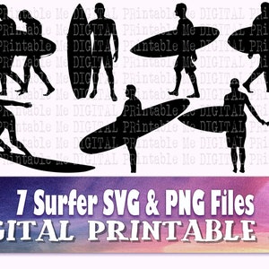May include: Seven black silhouette images of people surfing. The surfers are in various poses, some standing on their boards, some paddling, and some riding waves. The images are set against a white background.