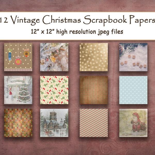 Rustic Christmas Digital Paper  Vintage Antique Retro shabby Texture scrapbook paper pages printable background  12" x 12" junk journal