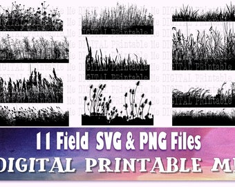 Gras Silhouette, Feld Landschaft SVG Bundle, Wildblumen PNG, Clip Art Pack, 11 Plotterdatei, Instant Download, Outdoors, natürliche Vegetation