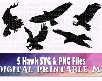 Hawk, Silhouette, SVG, PNG, ClipArt Pack, 5 Bilder, Pack, Instant Download, digital, druckbare Vektor, s Bundle, Greifvogel