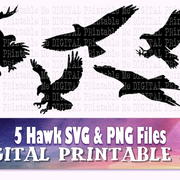 Hawk, Silhouette, SVG, PNG, Clip Art Pack, 5 Afbeeldingen, Pack, Instant Download, Digitaal, Afdrukbare vector, s bundel, roofvogel